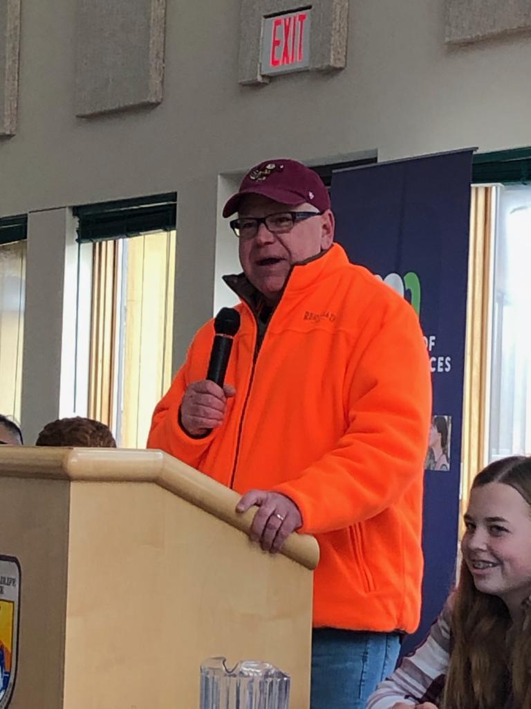 Governor Walz speaking at the Prairie Wetlands Learning Center.